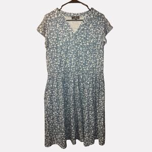 YATHON Floral Midi Dress XL Blue White V Neck Pocket Cottagecore Casual